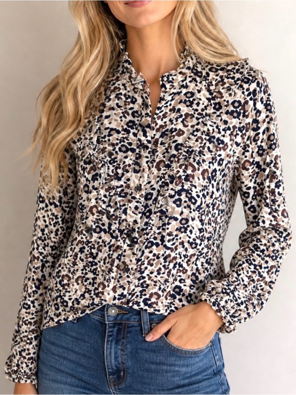 Anthropologie Maeve Animal Leopard Animal Print Ruffle Blouse Top Womans Sz 6